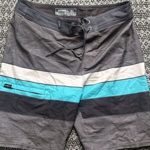 O'Neill Men's Black and Blue Striped Board Shorts